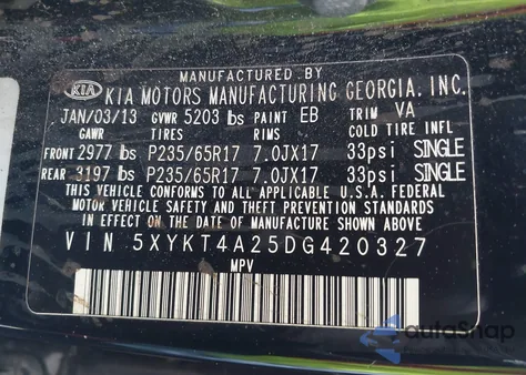 2013 Kia Sorento Lx V6 from USA, damaged, VIN 5XYKT4A25DG420327